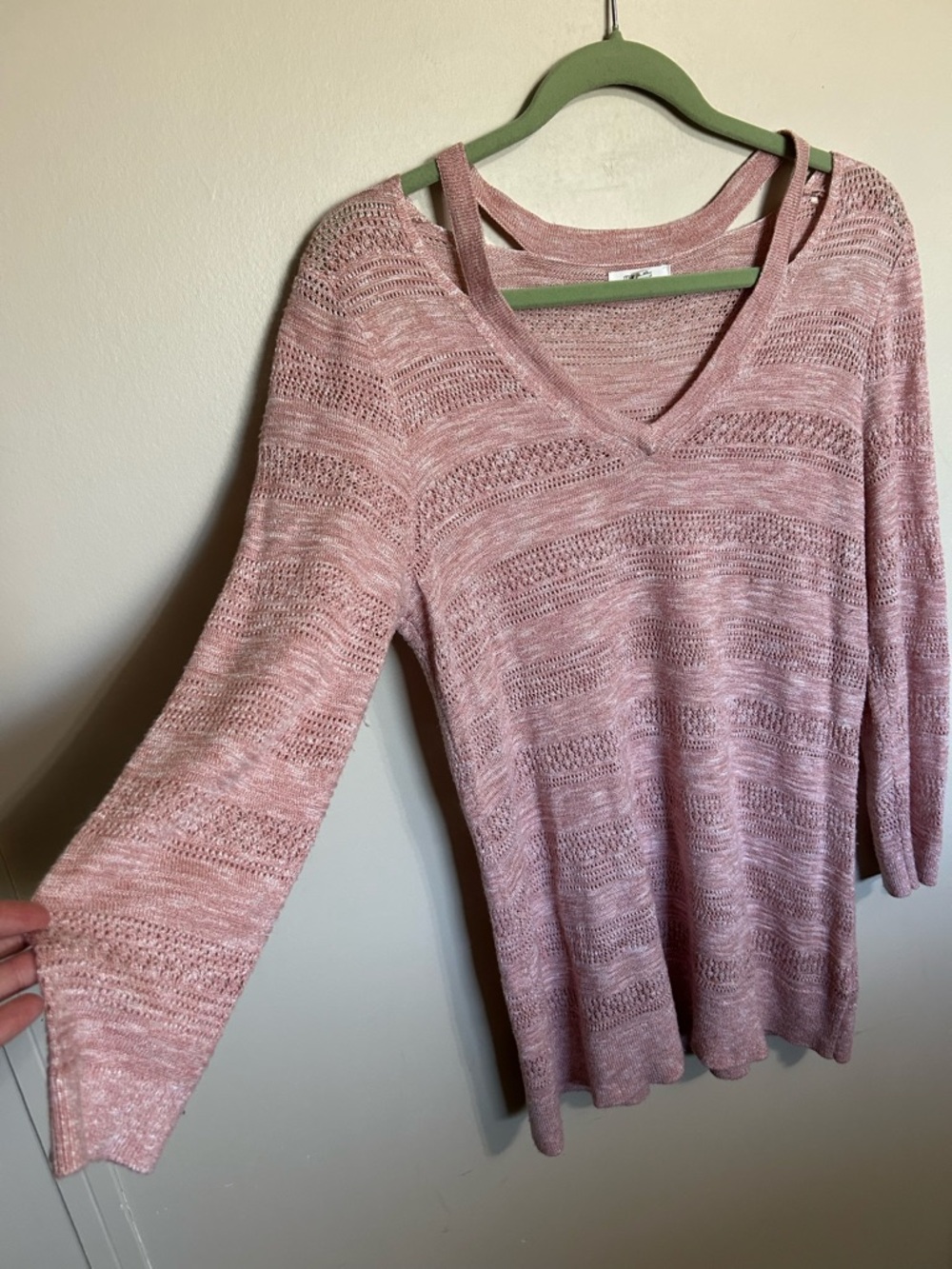 Maurices Pink Open-Knit V-Neck With Semi- Cold Shoulder Sweater